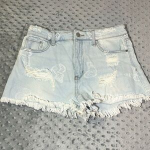 Material Girl Butterfly Denim Frayed cut off Shorts 9